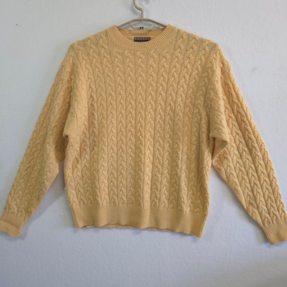 Robert Talbott Cashmere Sweater Mens M Yellow Cable Knit Crewneck Luxury Soft